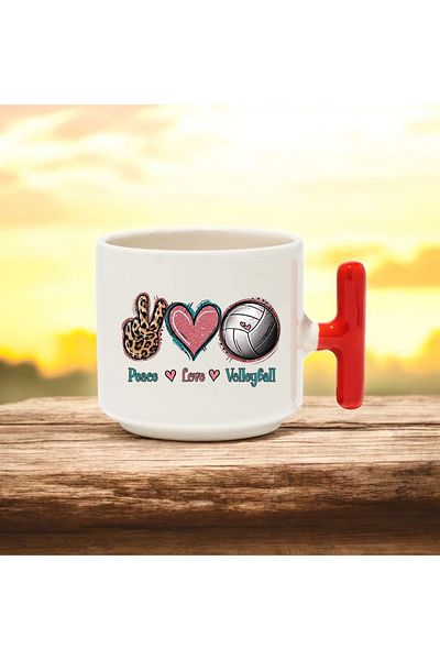 BB TRADE Peace Love Volleyball Designed Red T-Handle Ceramic Printed Mug 250 ml