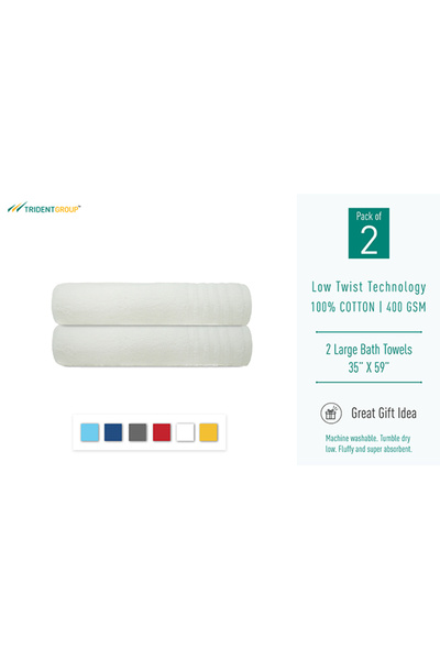 Trident 2Piece 100 Cotton Smart Twist Large Bath Towel Set White 90x150cm