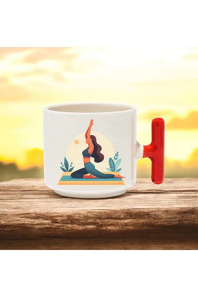 BB TRADE Pilatesci Designed Red T-Handle Ceramic Printed Mug 250 ml