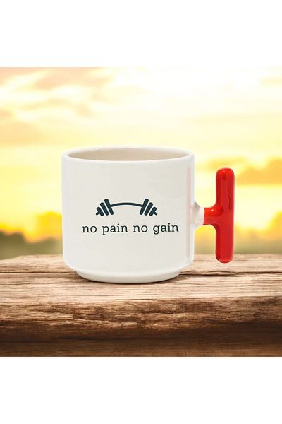 BB TRADE كوب سيراميك مطبوع عليه No Pain No Gain بمقبض على شكل حرف T باللون الأحمر 250 مل