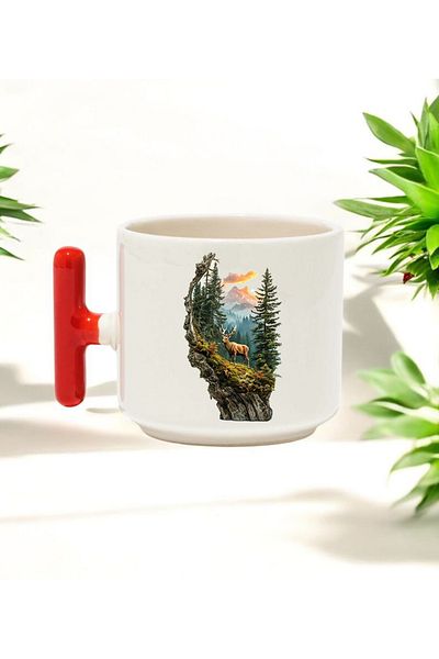 BB TRADE Deer Red t Handled Ceramic Printed Mug 250 ml