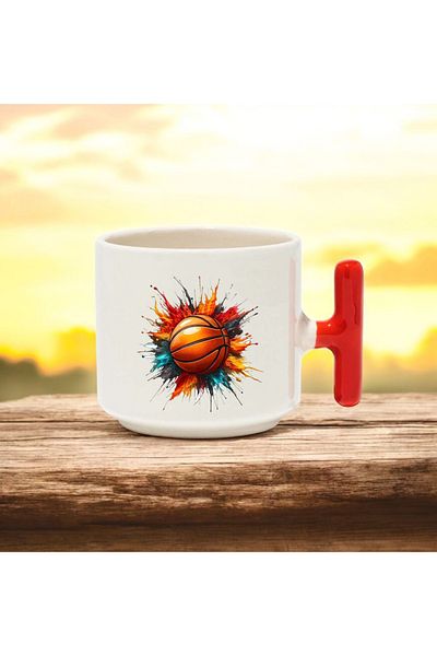 BB TRADE Basketball Ball Designed Red t Handle Ceramic Printed Mug Cup 250 ml