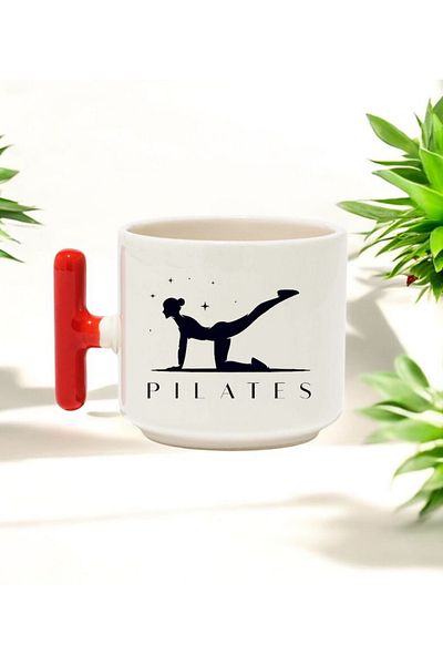 BB TRADE Pilates Designed Red T-Handled Ceramic Printed Mug 250 ml