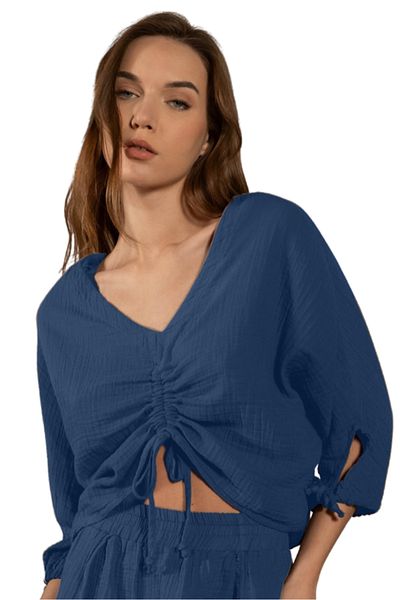 clavia Comfortable Fit Muslin Bustier, Gathered Detail 100% Cotton Summer Loose Crop Shirt, Bustier, Blouse
