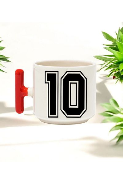 BB TRADE Number 10 Red t Handle Ceramic Printed Mug Cup 250 ml