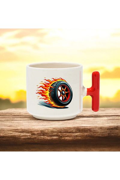 BB TRADE Ceramic Printed Mug with Burning Rubber Design and Red t Handle 250 ml