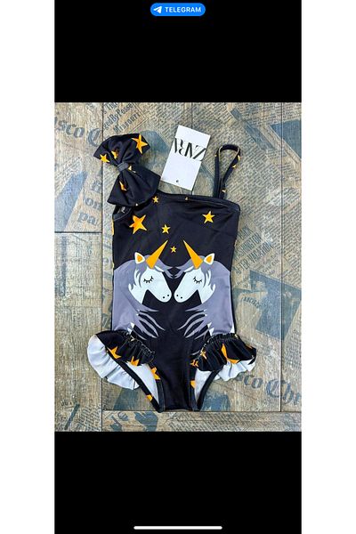 MİNİ İNOWESTA KİDS Girl's Unicorn Pattern Black Swimsuit with Black Ribbon Detail
