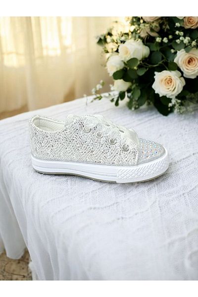 pediashoes Girl's Silver Color Stone Lace up Stylish Shoes