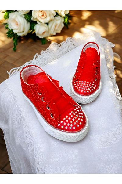 pediashoes Girl's Red Color Stone Lace up Stylish Shoes