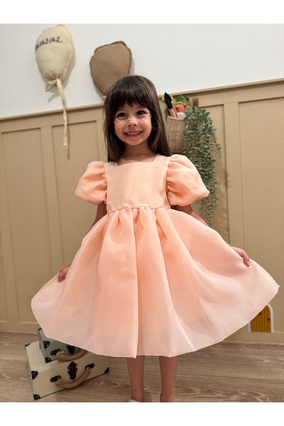 penu baby kids Salmon Square Collar Balloon Sleeves Carolin Fabric Bow Detail Lined Girl's Baby Girl Dress
