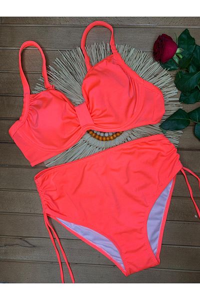 XORVİO Women's Lycra Flexible Stylish Comfortable Plus Size High Waist Battal Underwire Orange Bikini Suit