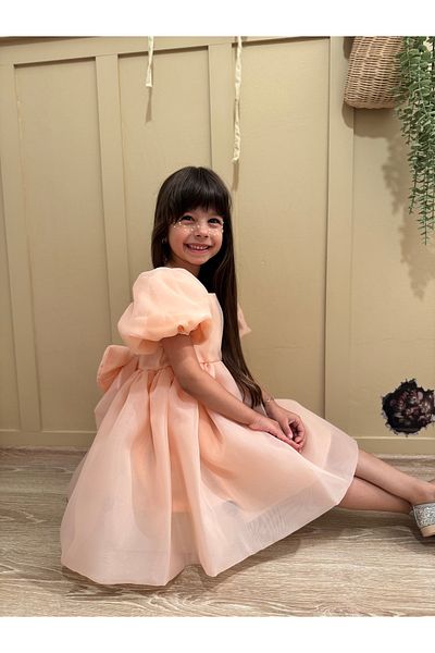 penu baby kids Salmon Square Collar Balloon Sleeves Carolin Fabric Bow Detail Lined Girl's Baby Girl Dress