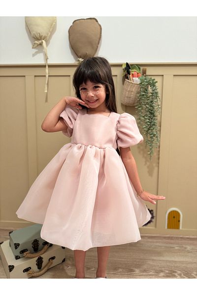 penu baby kids Πούδρα τετράγωνο γιακά μπαλόνι μανίκι Carolin υφασμάτινο φιόγκο με λεπτομέρεια φόδρα για κορίτσια κοριτσίστικο φόρεμα