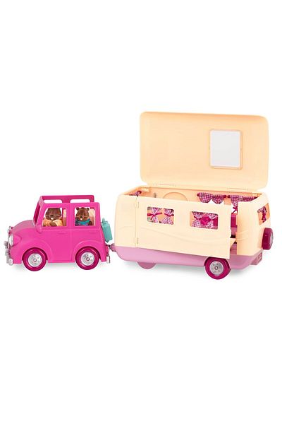 Li'l Woodzeez Happy Camper Pink with Detachable Toy Vehicle – 40 Pcs Dollhouse Playset Including Furnitures