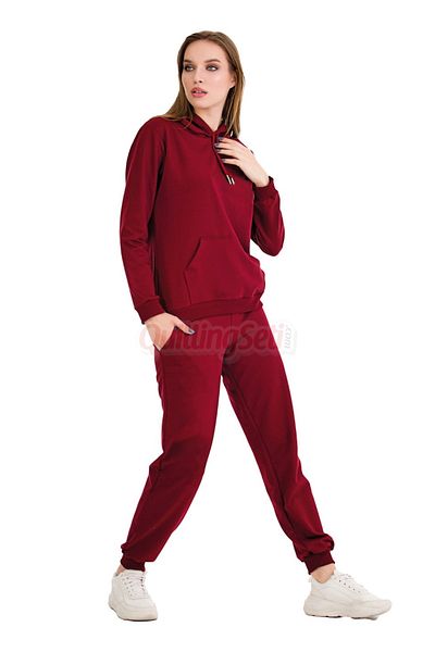 quilling Long Sleeve 22064 Hooded and Kangaroo Pocket Burgundy Color Women's Sports Tracksuit Set