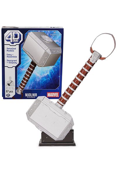 Master Spin 4D Build, Marvel Mjolnir Thor Hammer 3D Puzzle Model Kit with Stand 87 Pcs | Thor Desk Decor