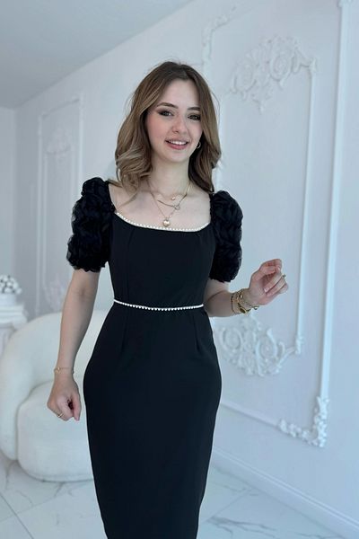 HELİS BUTİK Black Midi Length Dress with Sleeve Detail