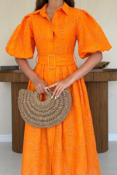 Modayakamoz Πορτοκαλί πλισέ φόρεμα μπαλκονιού