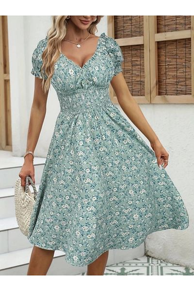 Butik Women's short sleeve Double-Breasted neck elastic waist cinched flower pattern supreme dress