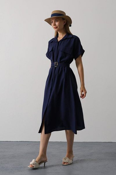 MRA Fashion Belted Pocket Detailed Half Sleeve Dress - Navy Blue