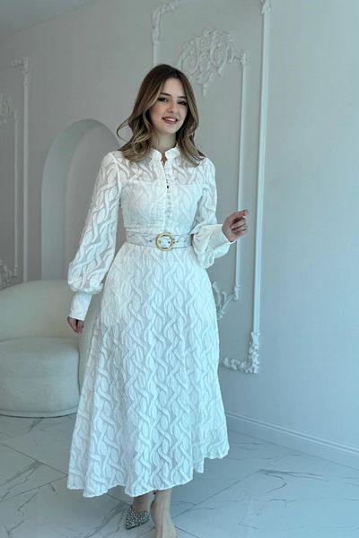 HELİS BUTİK Jacquard Belt Detailed Full Length Ecru Dress