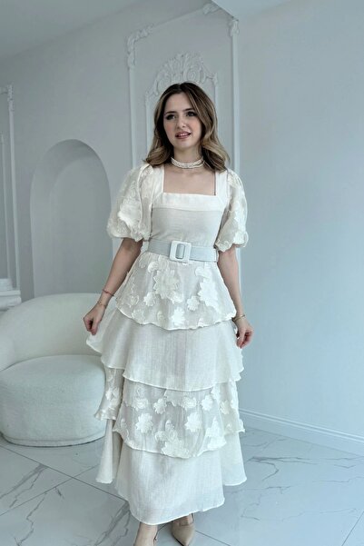 HELİS BUTİK Balloon Sleeve Layered Square Neck Princess Beige Dress