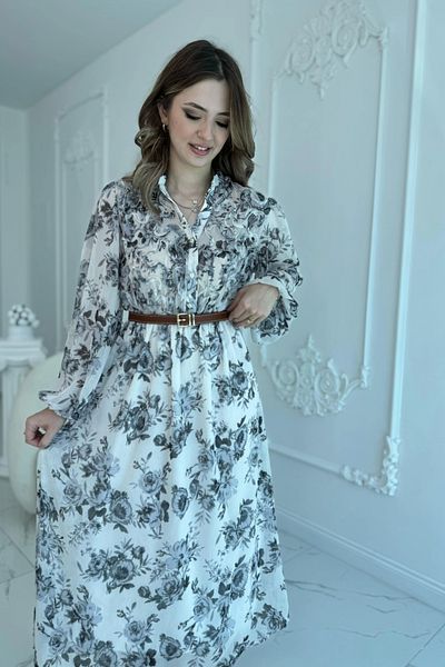 HELİS BUTİK Black Floral Belted Chiffon Dress