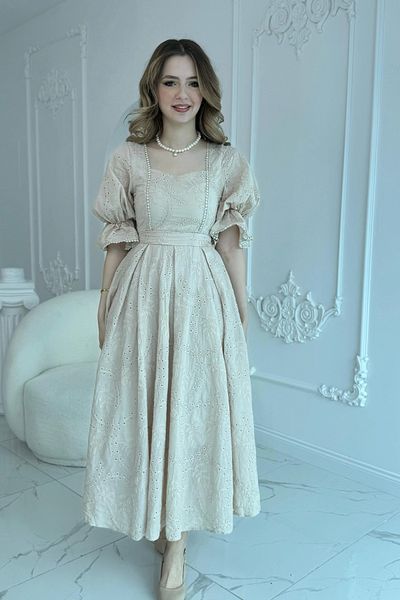 HELİS BUTİK Beige Sleeve Elastic Brode Princess Dress