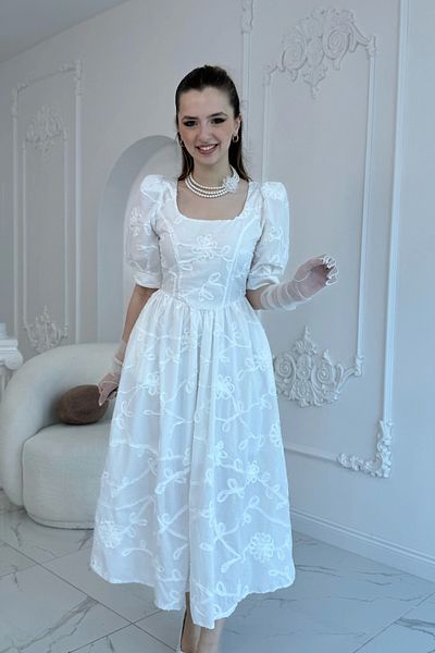 HELİS BUTİK Balloon Sleeve Brode Dress Ecru