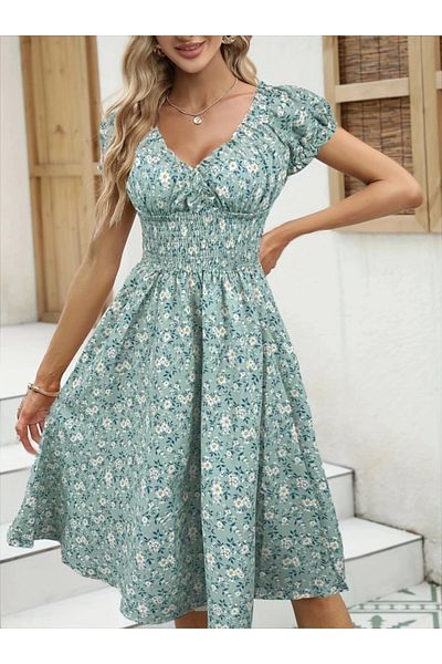 Butik Women's short sleeve Double-Breasted neck elastic waist cinched flower pattern supreme dress