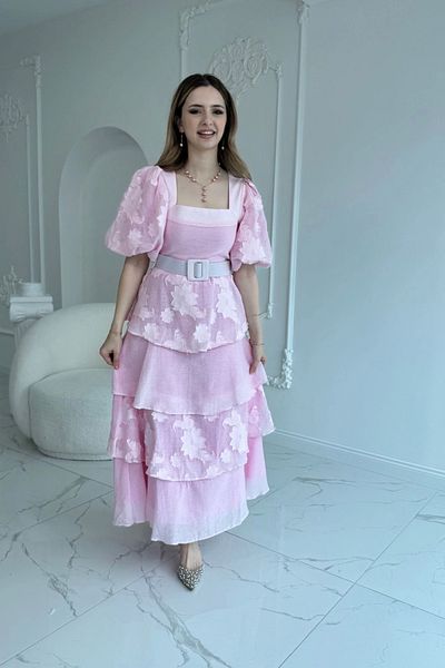 HELİS BUTİK Balloon Sleeve Layered Square Neck Princess Pink Dress
