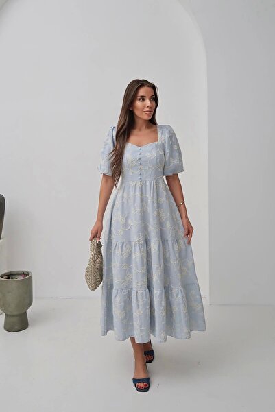 HELİS BUTİK Дитяче блакитне сукня з прикрасами, ґудзиками та рукавами-ліхтариками з вишивкою