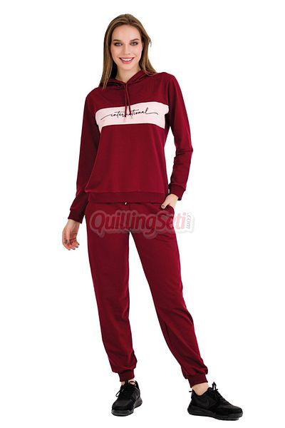 quilling Long Sleeve 22067 Hooded and Kangaroo Pocket Burgundy Color Women's Sports Tracksuit Set