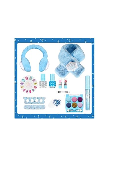 Bloomie's Kış Temalı Peluş Kulaklıklı ve Atkılı Unicorn Makyaj Güzellik Seti ve Mavi Çocuk Makyaj Malzemeleri