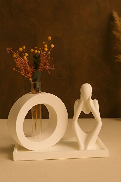 Home Bohem Dekoratif Tüplü Vazo, Altlık ve Düşünen Adam Heykeli Seti - Masa Ü...