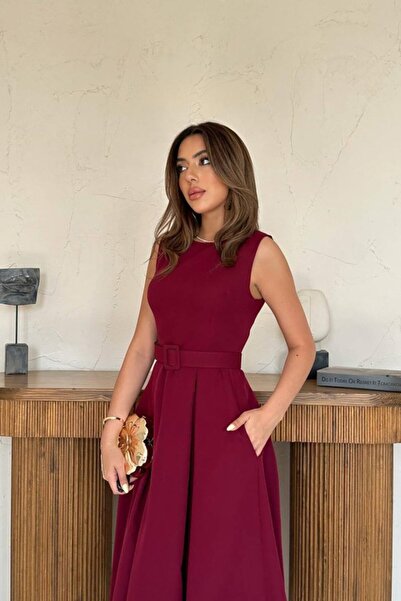 buğrahayalin Burgundy Halter Neck Flared Dress