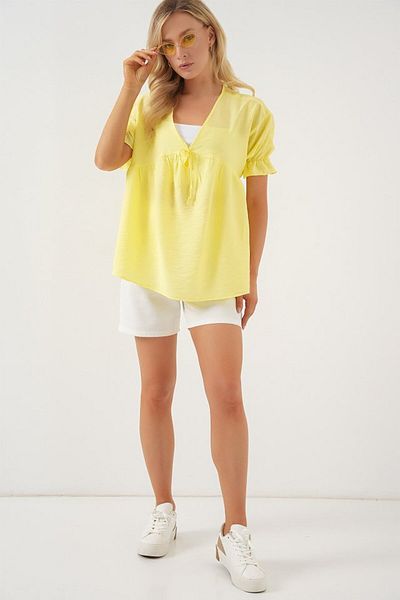 MRA Fashion Front Lace Short Sleeve Blouse 962 - Yellow