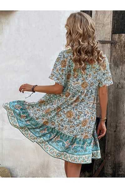 TUA MODA Tua Fashion Women's Short Sleeve Collar Lace-Up Front Button Ruffle Print Single Jersey Dress