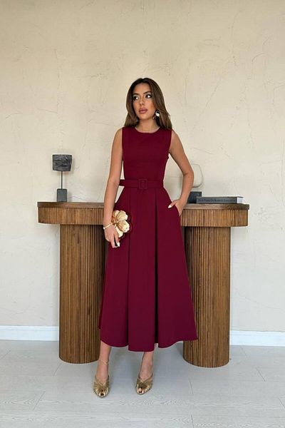 MRA Fashion Burgundy Halter Neck Flared Dress