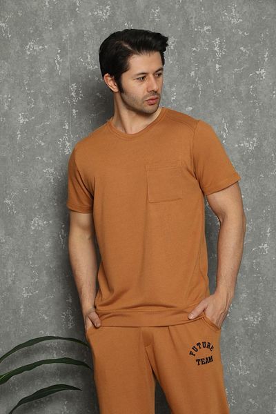 SENFONİ Ibiza Symphony Men's Crew Neck Short Sleeve Brown Pajama Set 5849 - 1 Piece