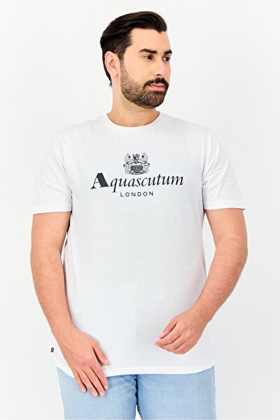 Aquascutum تي شيرت رجالي بطبعة جرافيكية بأكمام قصيرة ورقبة دائرية، أبيض
