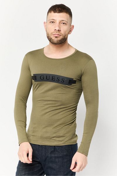 Guess Men Crew Neck Long Sleeves Brand Logo T-Shirt, Olive
