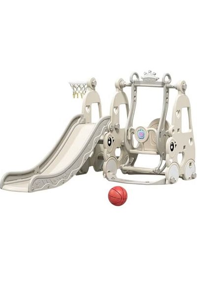 Toy Box Treasures 4-In-1 Kids Slide and Swing Set With Basketball Hoop, Indoor Outdoor Toddler Slide Set