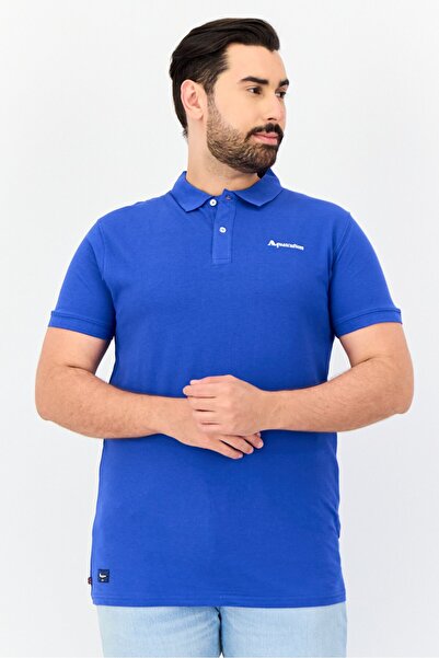 Aquascutum قميص بولو رجالي بقصّة عادية وأكمام قصيرة وشعار العلامة التجارية، أزرق