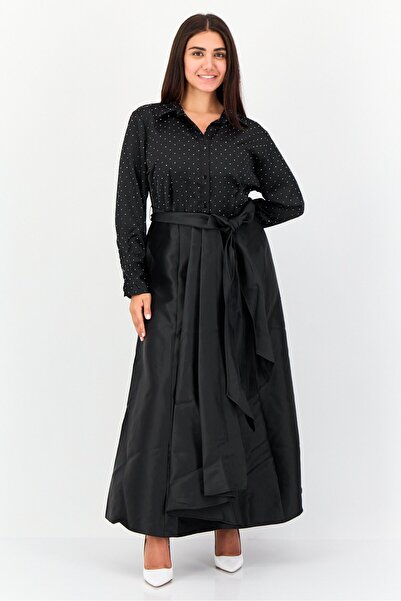 Notations فستان ماكسي بحزام وتفاصيل أحجار الراين للنساء، أسود