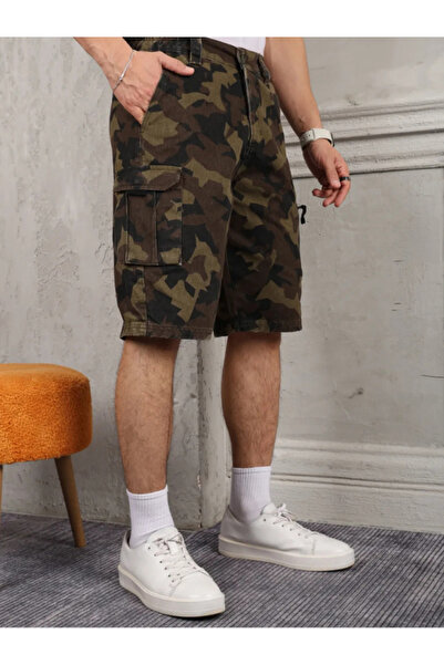 MSRT Kemerli Haki Kamuflaj Kargo Cep Diz Altı Kapri Erkek Pantolon