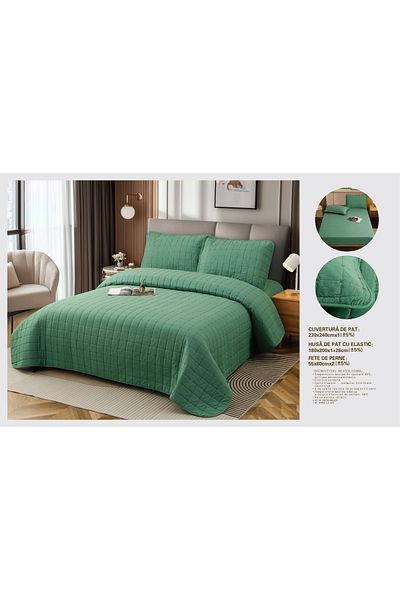 CHIRASO CHIRASO 4-piece Duvet Set, with Elastic Bed Cover, Cotton with Linen, UNI, green