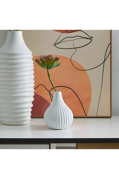 Home Box Stoneware Ribbed Vase – 13 cm, Glazed Ceramic Finish
