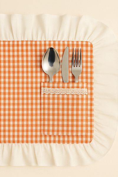 Mirilliahome Pachet de 2 Servicii americane din in cu model pătrat cu volane – cu buzunar