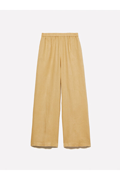 Sisley Women's Paper Bag 100% Linen Elastic Waist Front Pleated Wide Leg Trousers